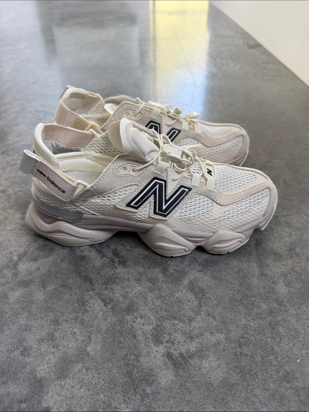 New Balance Cream and White Mesh Runner Sneakers with Black N Logo